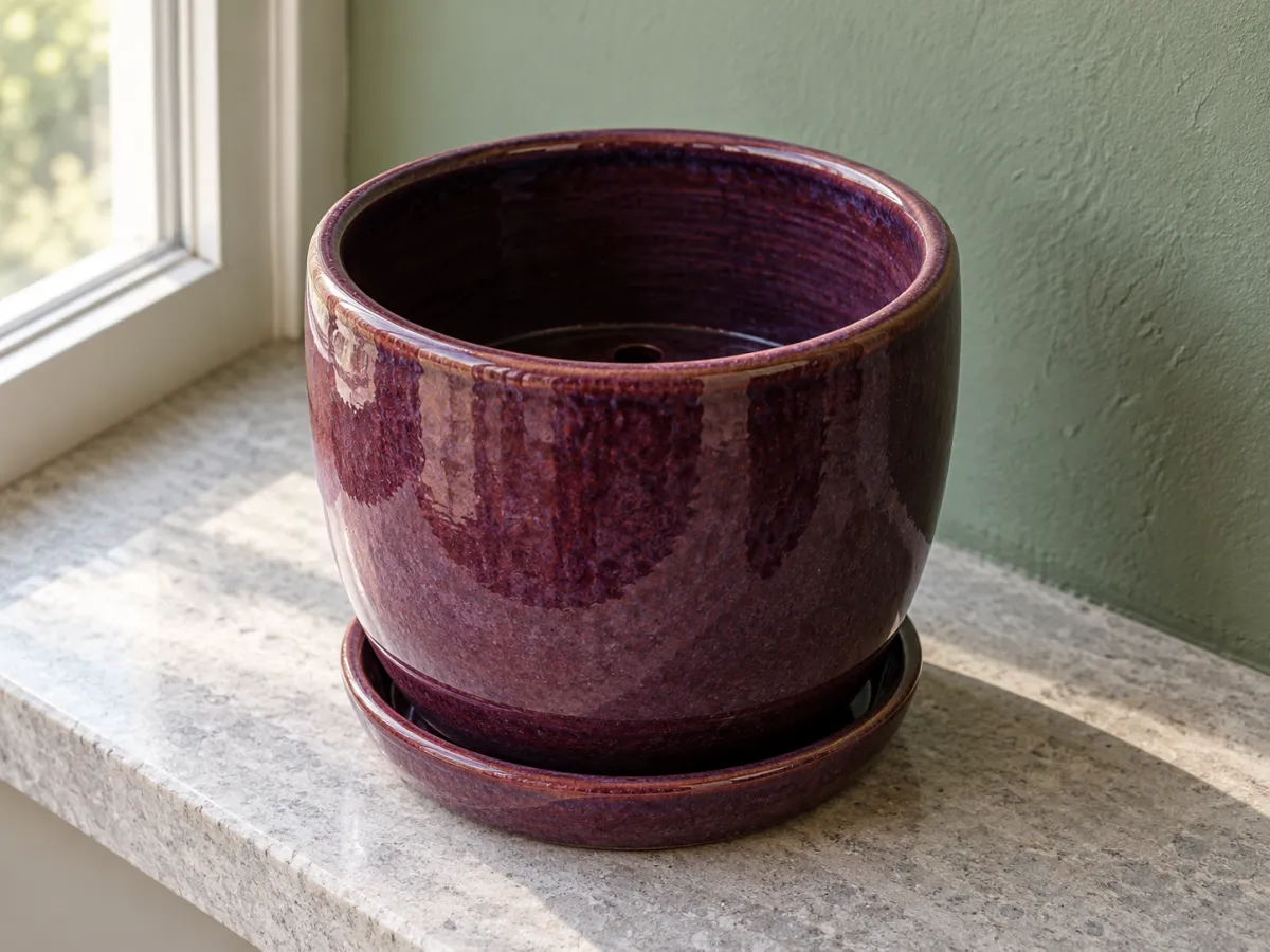 An empty aubergine ceramic plant pot on its matching saucer, with the open rim and drainage hole visible.