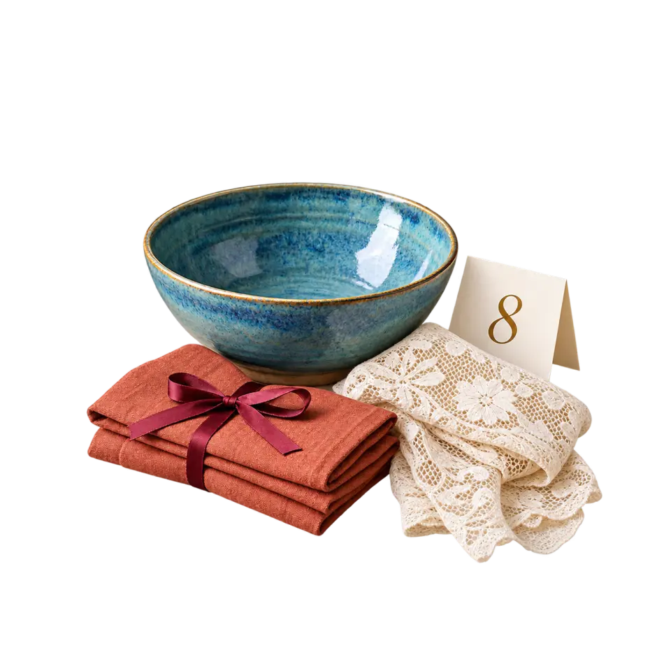 A blue pottery bowl sits beside folded rust-coloured linen tied with burgundy ribbon, ivory lace and a card marked 8.