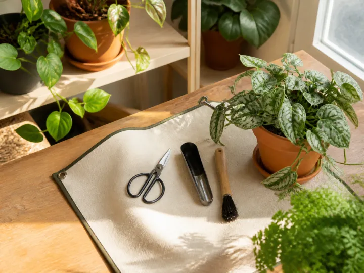 Houseplant snips, a narrow scoop and a small brush arranged on a repotting mat among green plants.