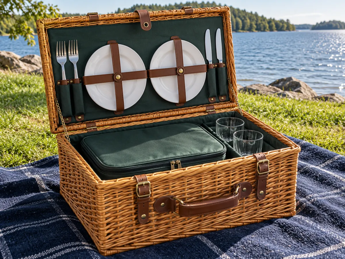 An open willow picnic hamper holds two white plates, cutlery, glasses and a green cooler insert on a blue blanket beside a lake.