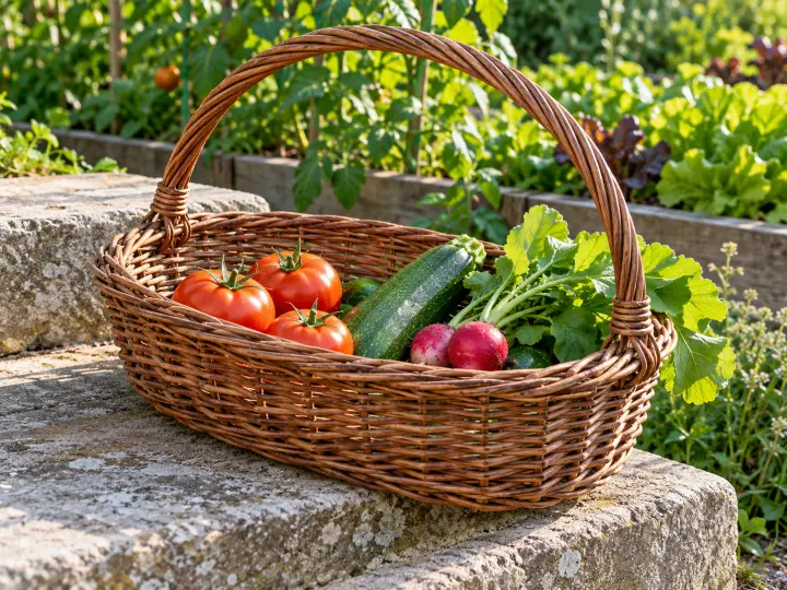 A shallow woven willow harvest basket holding tomatoes, a zucchini and radishes on a stone garden step.