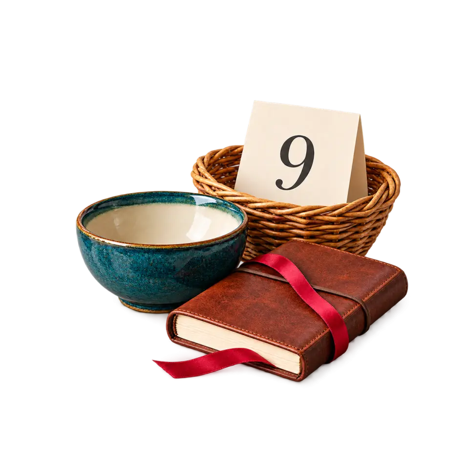 A teal pottery bowl, woven willow basket and leather journal with a red ribbon sit beside a card marked 9.