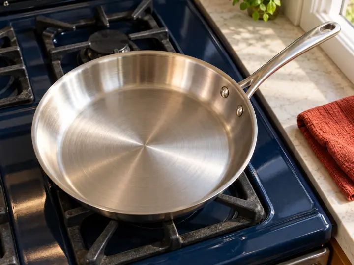 An empty stainless-steel frying pan with a long metal handle on a dark blue hob.