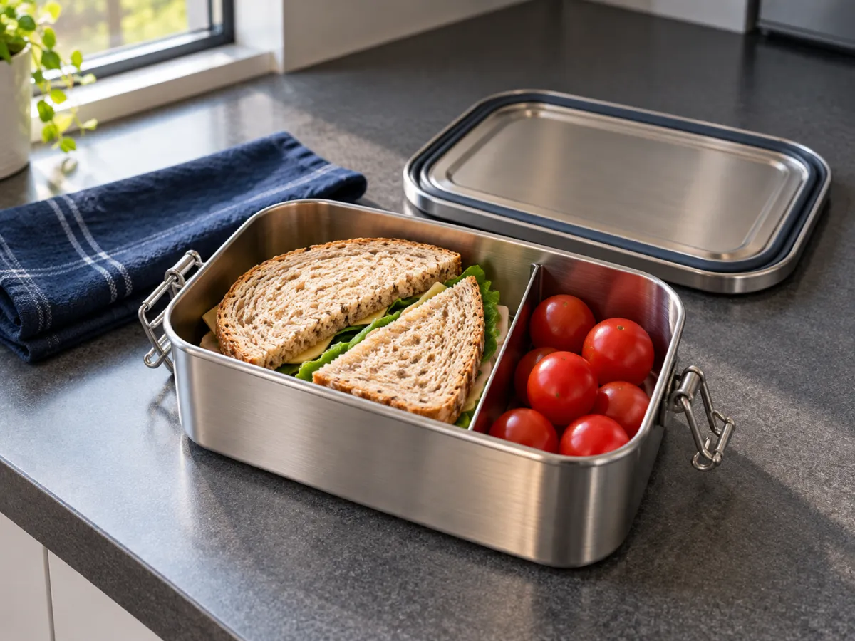 An open stainless-steel lunch box holding a sandwich and tomatoes, with its lid beside it.