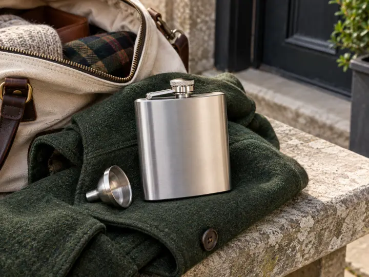 A closed brushed steel hip flask and a small funnel resting on a dark green wool jacket.