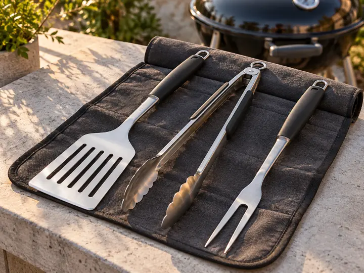 Stainless-steel barbecue tongs, a slotted turner and a two-pronged fork laid on a dark fabric roll.