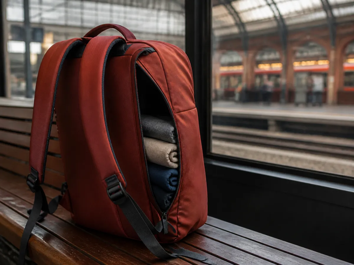 A rust-red carry-on backpack with both shoulder straps visible and folded clothes inside.