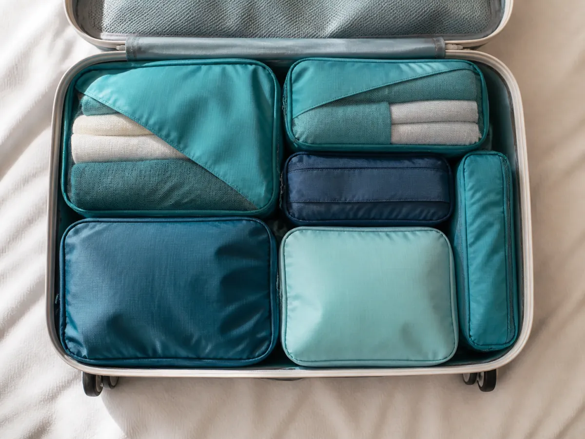 Teal packing cubes organizing folded clothes inside an open suitcase.