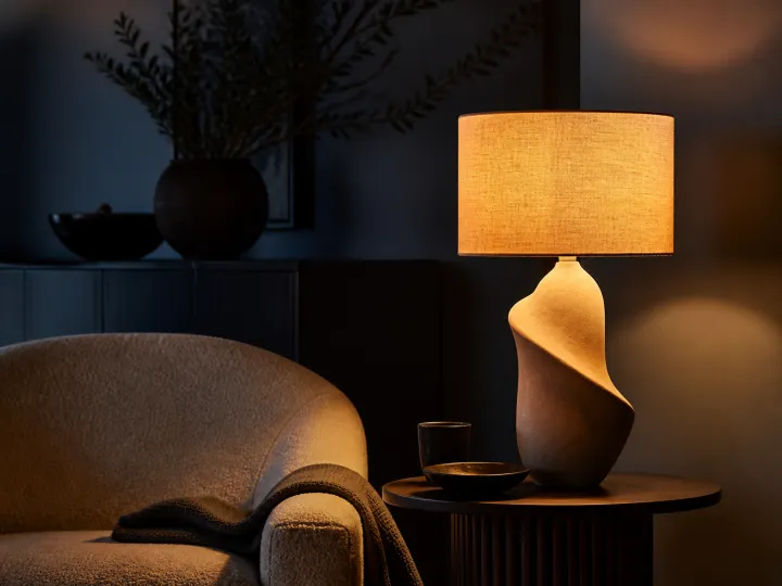 A sculptural table lamp with a warm linen shade glowing beside a cream armchair.