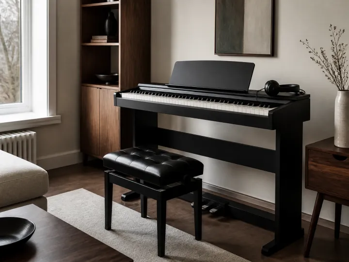 A black digital piano with a padded bench and headphones in a compact living room.