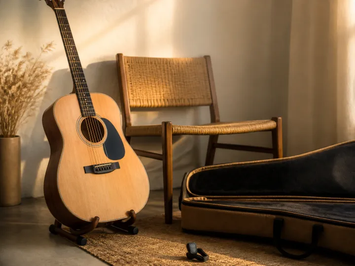 A natural wood acoustic guitar on a stand beside its open soft case and a woven chair.