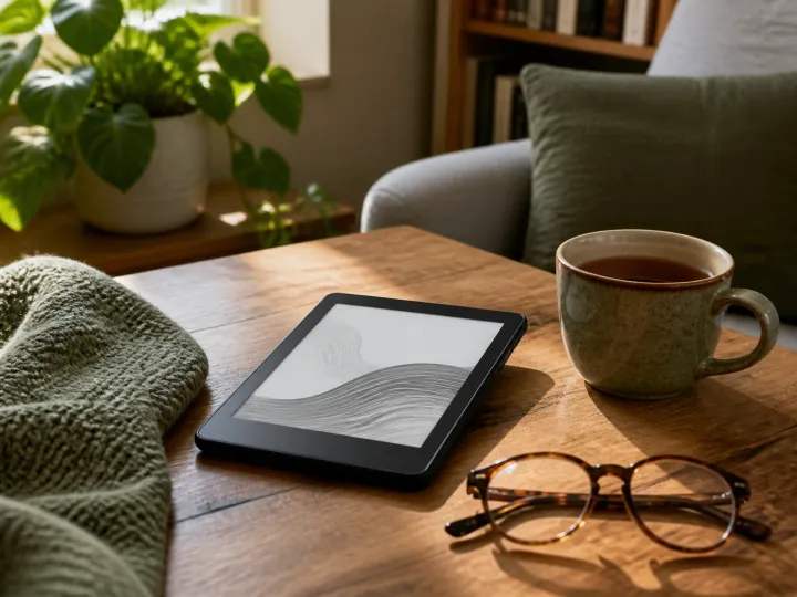 A slim e-reader displaying an abstract page beside reading glasses and a cup of tea.