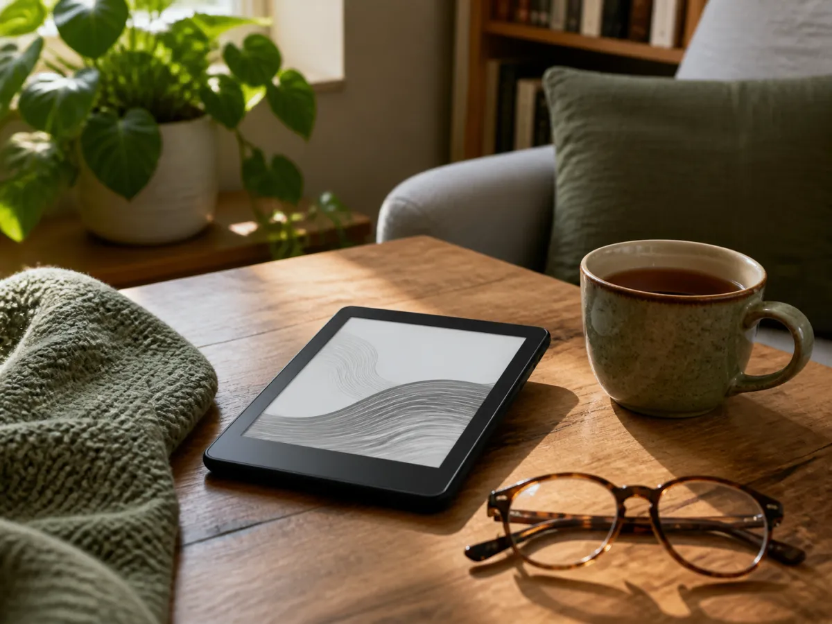 A slim e-reader displaying an abstract page beside reading glasses and a cup of tea.
