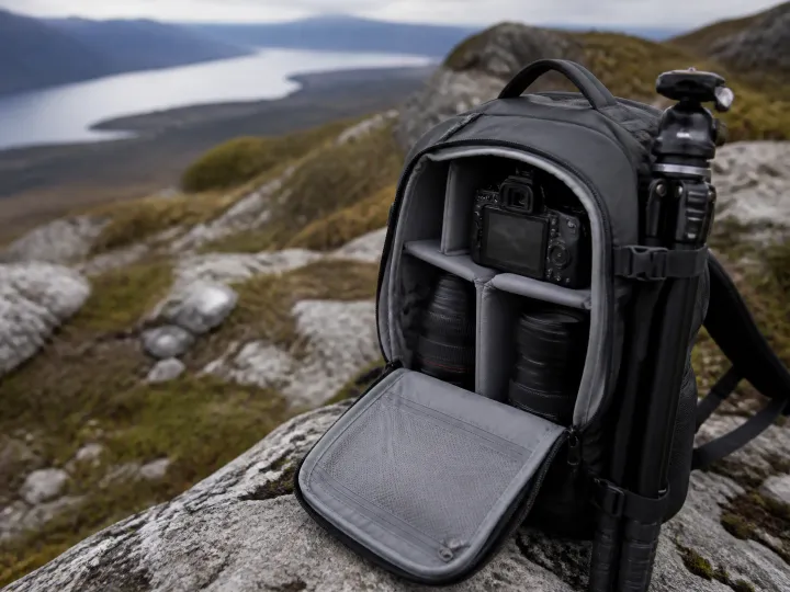 An open charcoal camera backpack holding a camera, two lenses and a tripod on a rocky viewpoint.