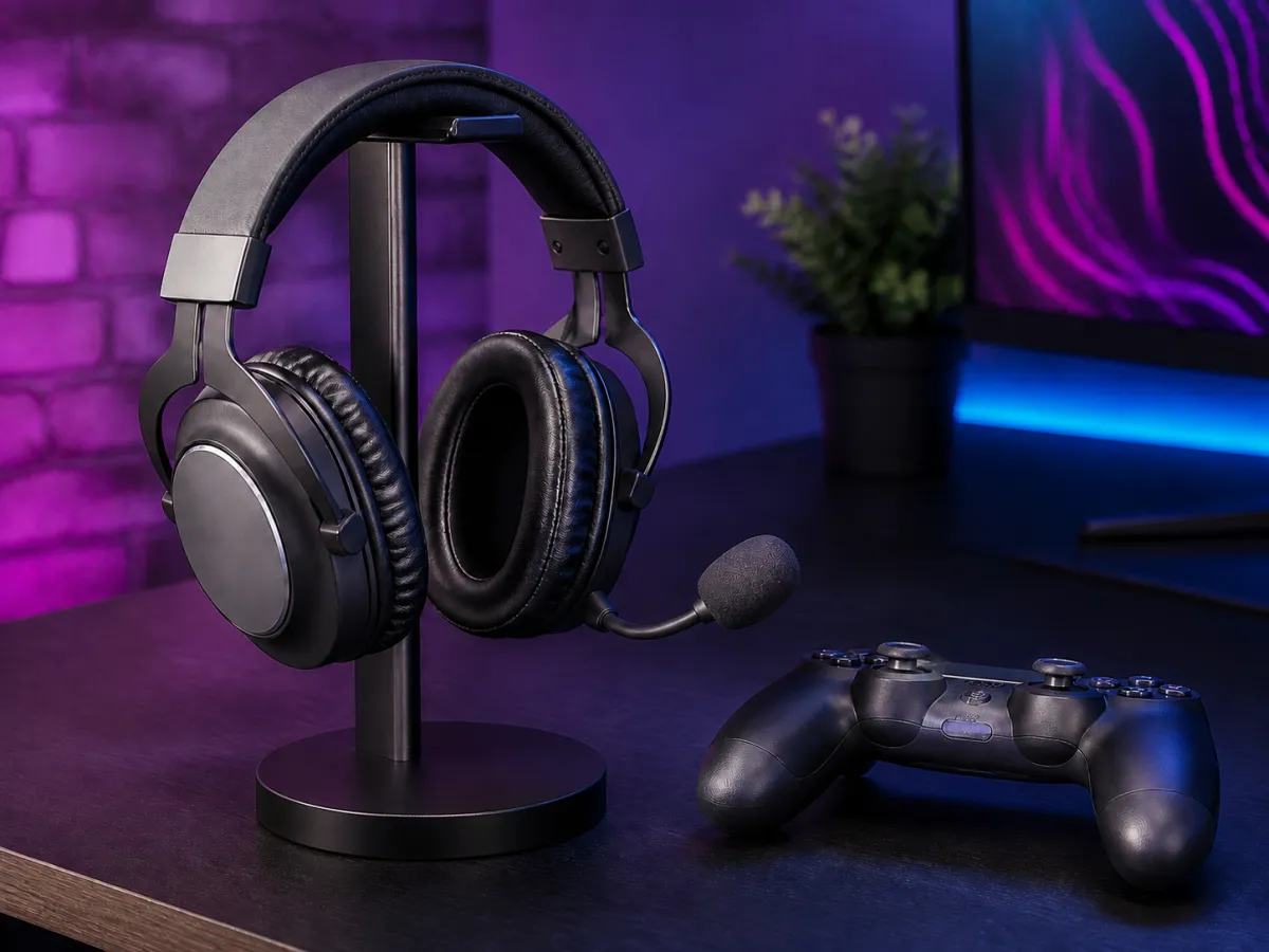 A black over-ear gaming headset with a boom microphone on a stand beside a controller.