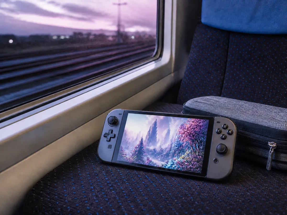 A handheld game console showing a colourful fantasy landscape on a train seat beside its case.