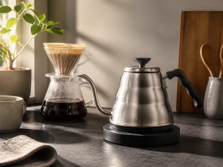 A stainless-steel gooseneck kettle beside a pour-over coffee brewer in a sunlit kitchen.
