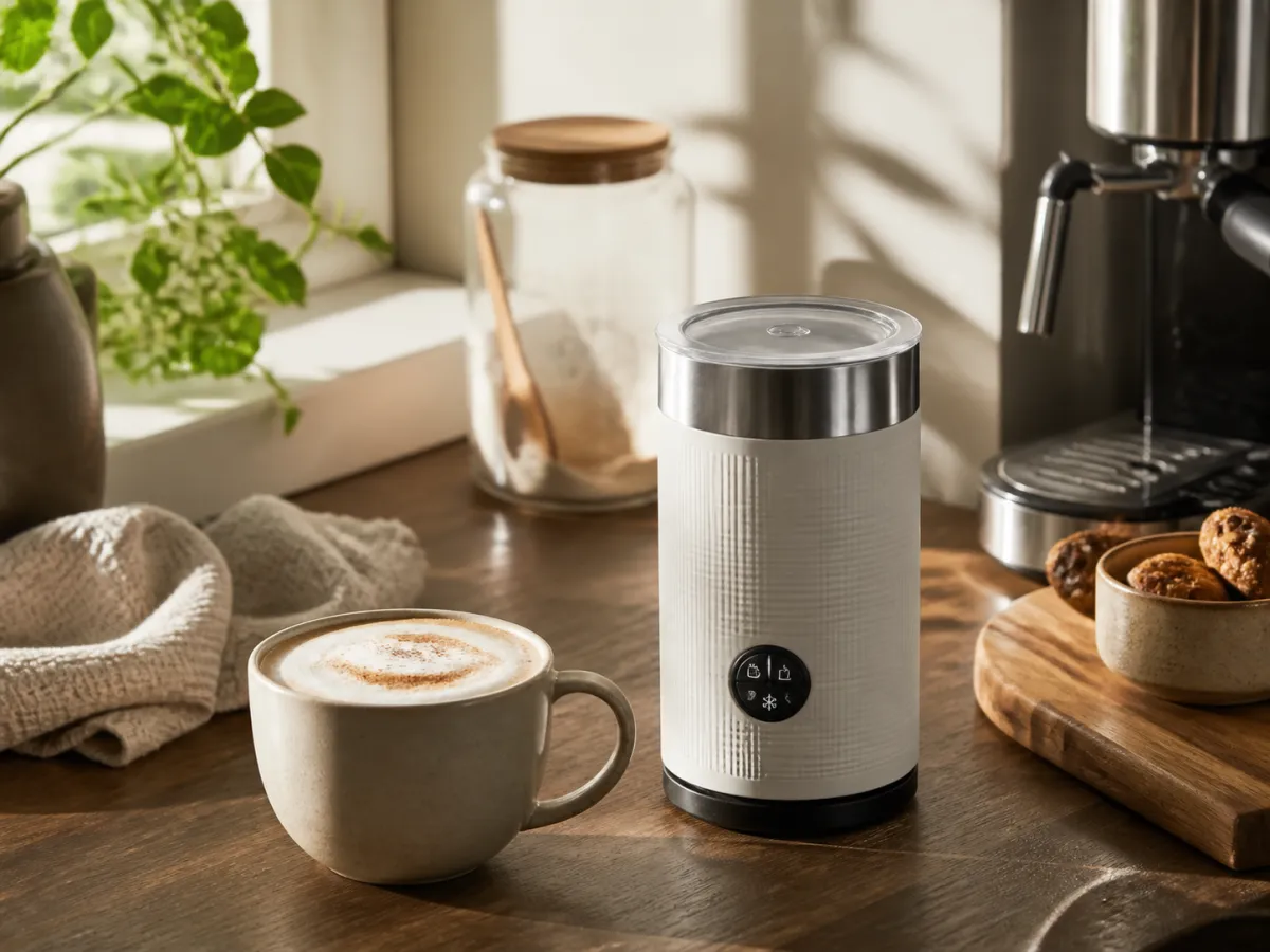 A compact milk frother beside a foamy coffee on a bright kitchen counter.