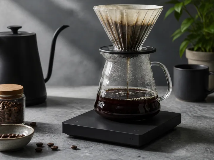 A glass pour-over carafe on a low black coffee scale during brewing.
