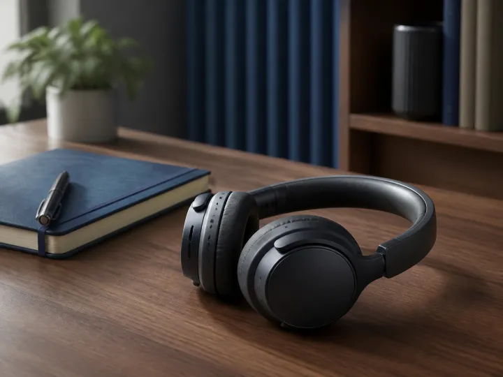 Unbranded over-ear headphones resting beside a notebook in a calm contemporary room.