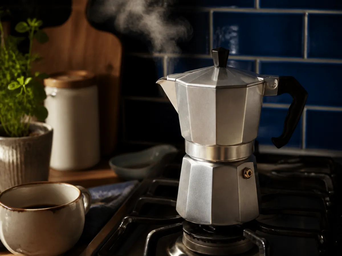 A silver moka pot steaming on a stovetop beside a ceramic coffee cup.