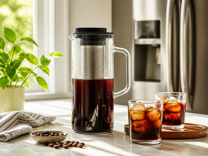 A clear cold-brew coffee pitcher with a metal infuser and two glasses of iced coffee.