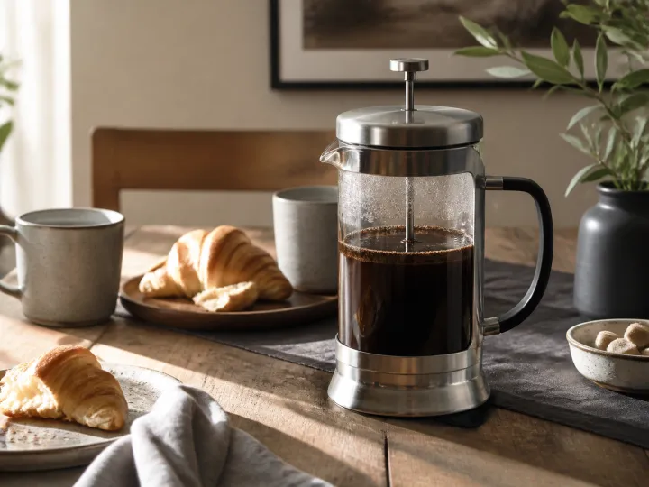 A glass and stainless-steel French press filled with coffee on a relaxed breakfast table.