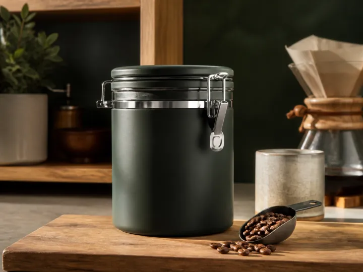 A dark green airtight coffee canister with a metal clasp and a scoop of beans.