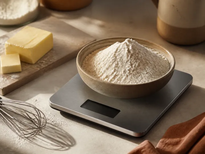 A bowl of flour resting on a slim digital kitchen scale beside butter and a whisk.