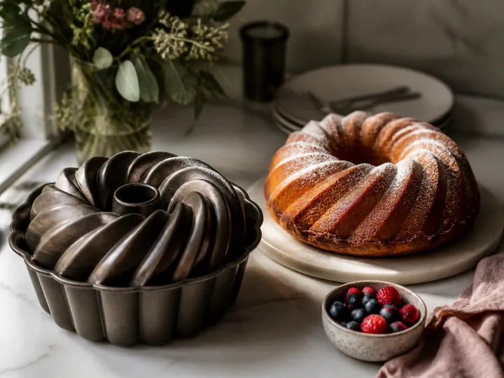 A dark sculpted Bundt cake pan beside a freshly baked golden ring cake.