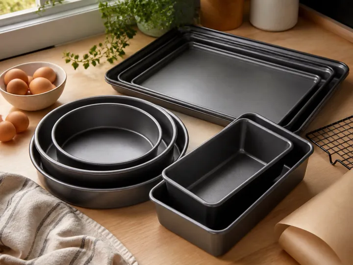 A coordinated set of dark metal sheet, round cake and loaf pans on a kitchen worktop.