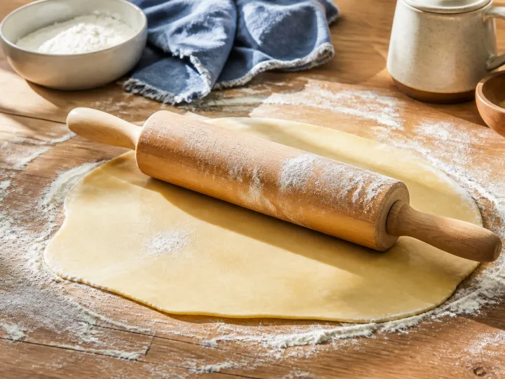 A wooden rolling pin resting across pastry on a flour-dusted worktop.