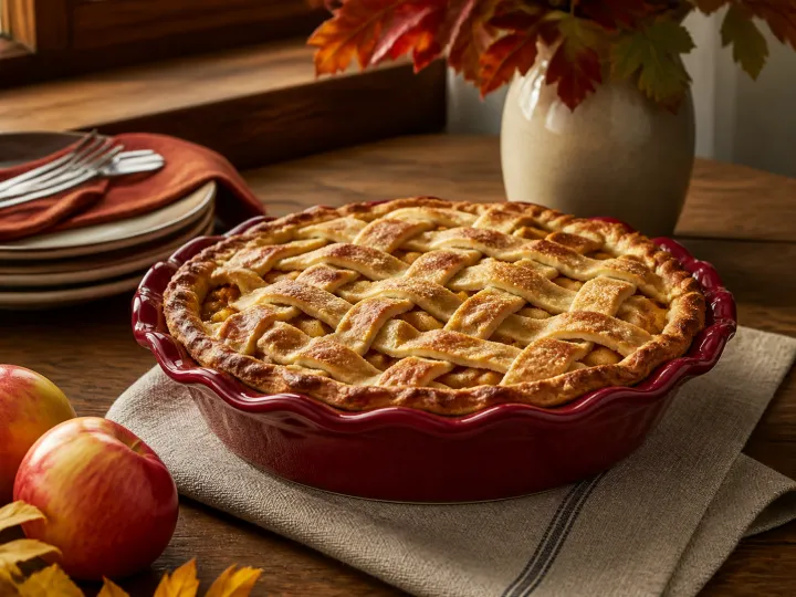 A lattice-topped apple pie baked in a deep red fluted stoneware dish.