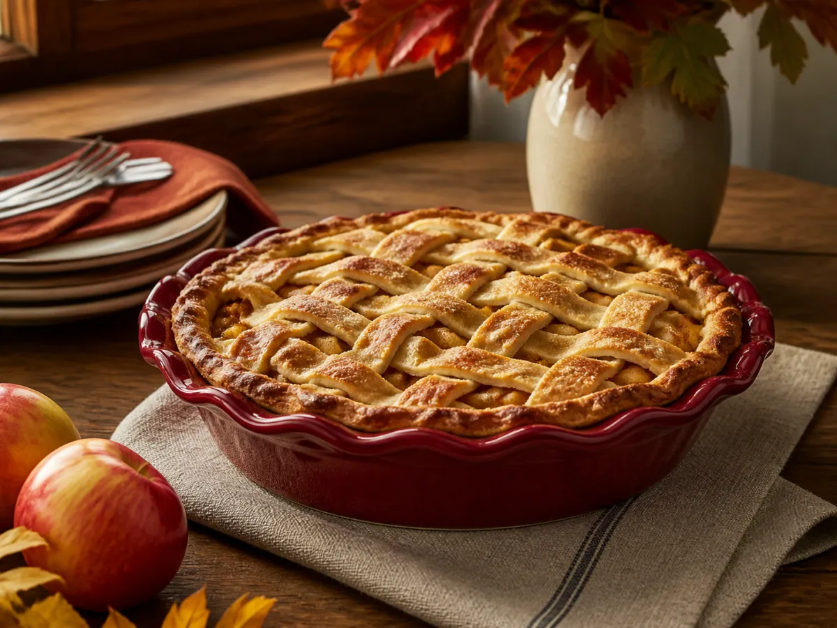 A lattice-topped apple pie baked in a deep red fluted stoneware dish.