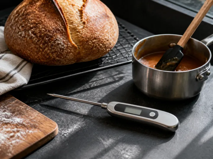 An instant-read baking thermometer beside bread and a saucepan of caramel.