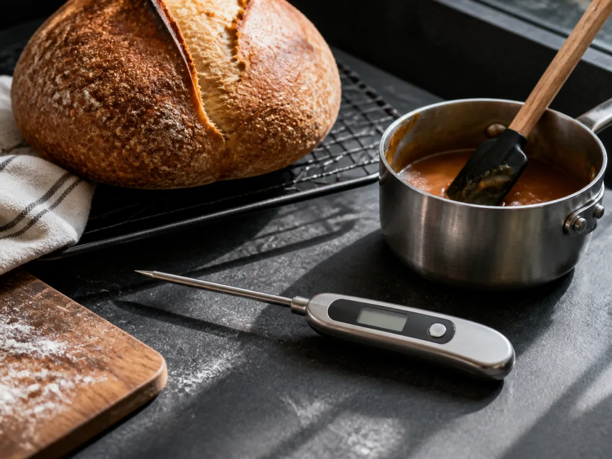 An instant-read baking thermometer beside bread and a saucepan of caramel.