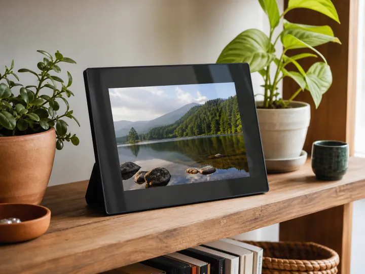 A digital photo frame showing a generic landscape photograph on a wooden shelf with small plants.