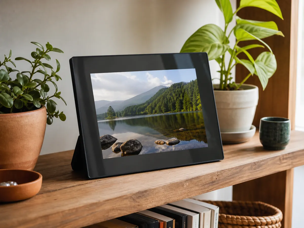 A digital photo frame showing a generic landscape photograph on a wooden shelf with small plants.