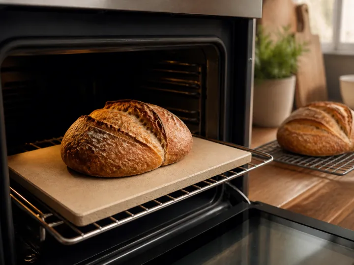 A crusty loaf baking on a rectangular stone inside a domestic oven.