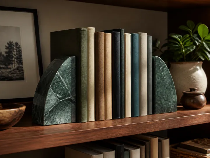 Green stone bookends holding a row of neutral hardback books on a wooden shelf.