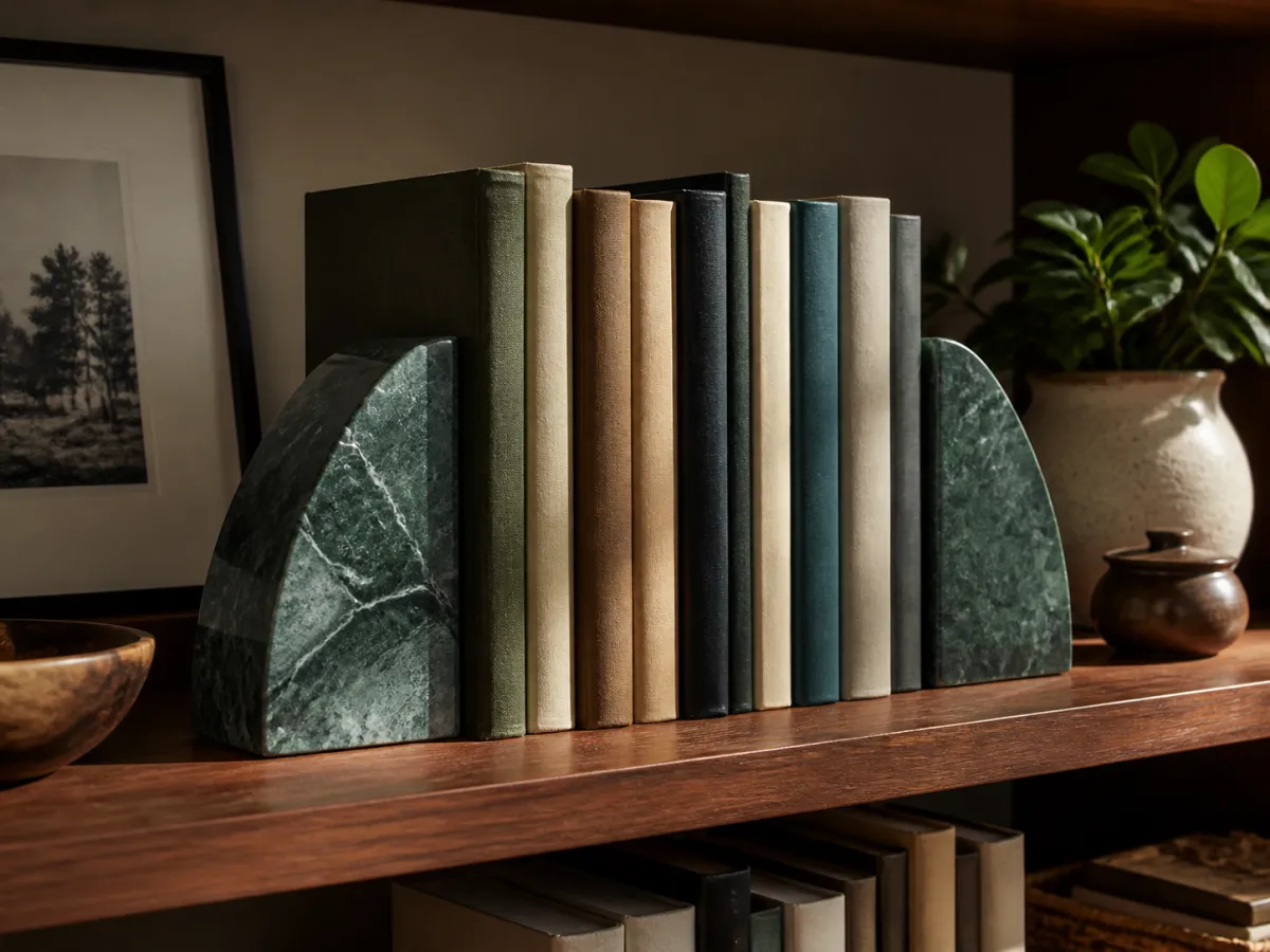 Green stone bookends holding a row of neutral hardback books on a wooden shelf.