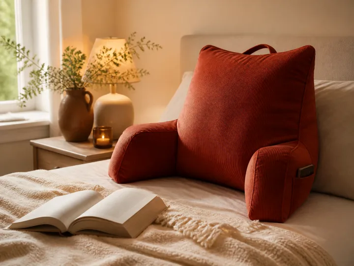 A deep rust reading pillow with arm rests on a neatly made bed beside an open book.