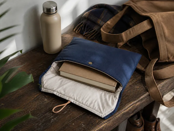 A hardback book partly tucked into a navy padded book sleeve beside a travel bag.