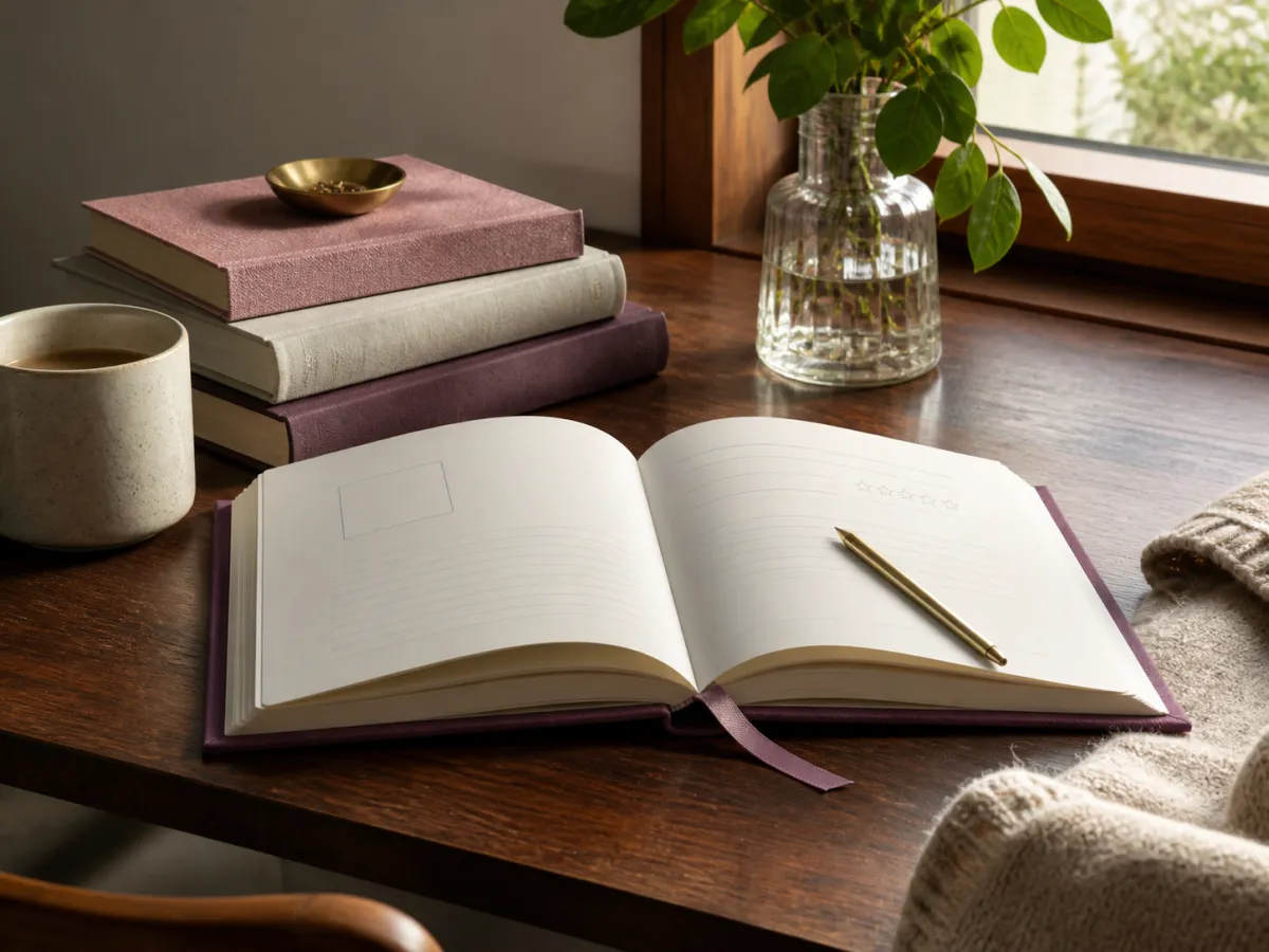 An open clothbound reading journal with simple blank layouts beside a stack of books.