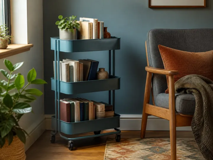 A teal three-tier rolling book cart filled with books beside a reading chair.
