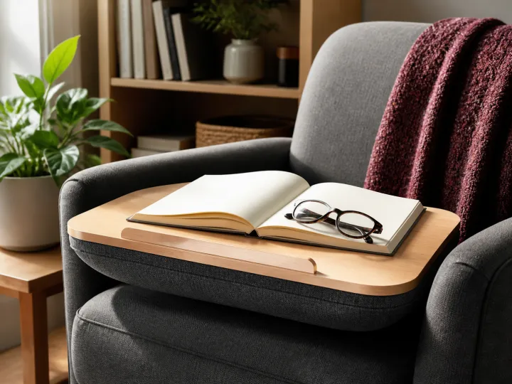A cushioned wooden lap desk holding an open book and glasses across an armchair.