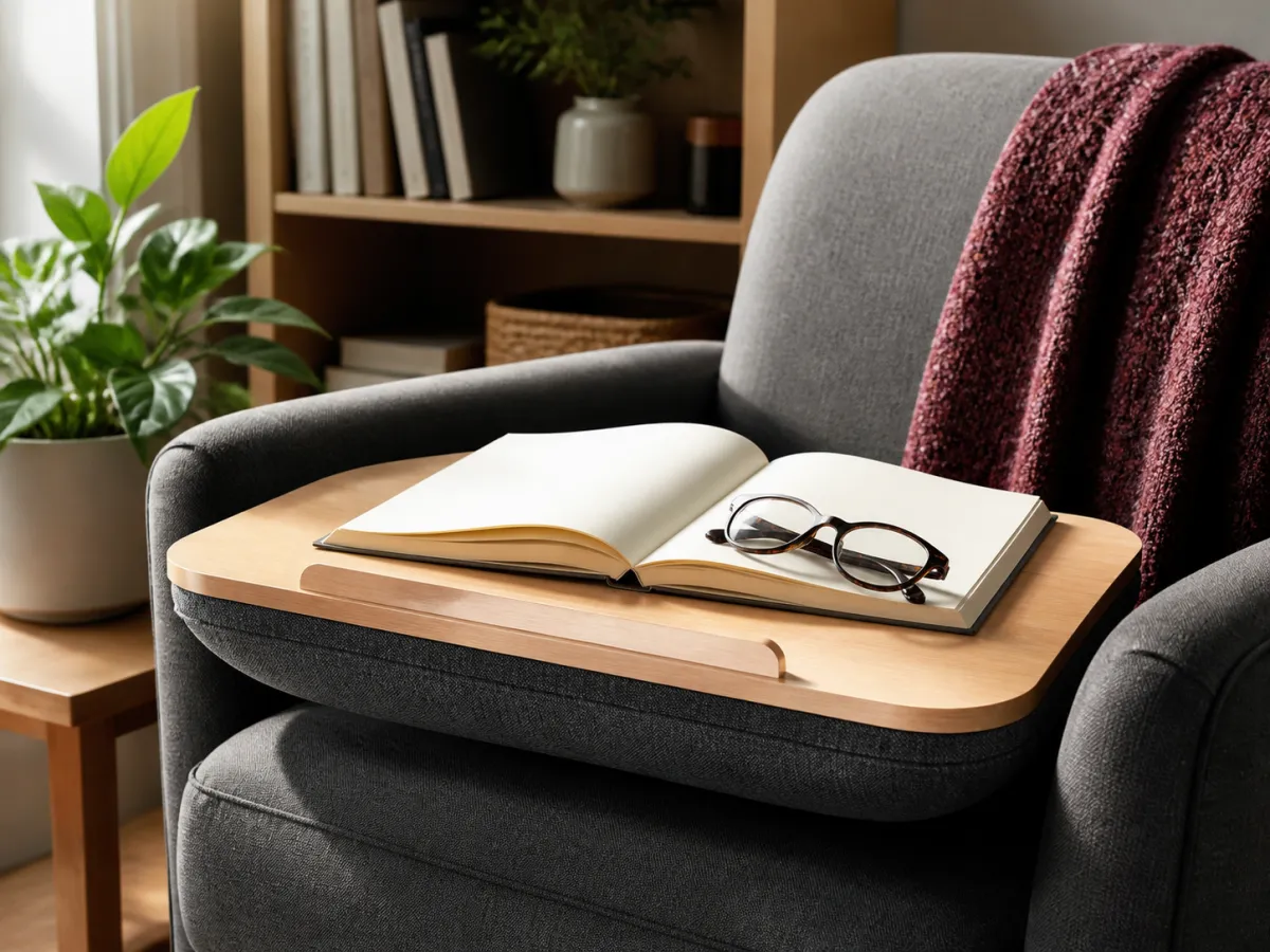A cushioned wooden lap desk holding an open book and glasses across an armchair.