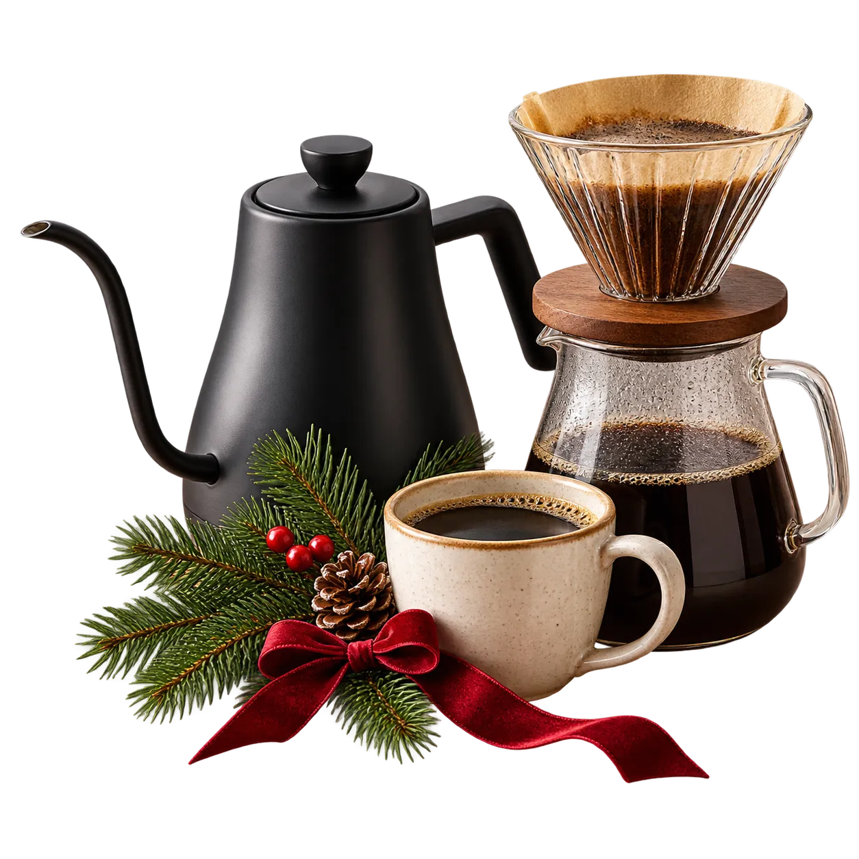A gooseneck kettle with a glass pour-over coffee maker, warm cup and festive greenery.