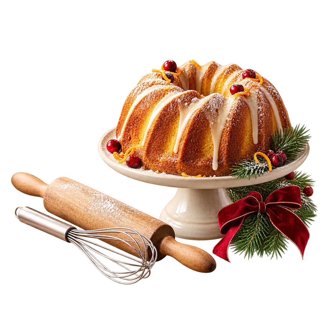 A golden Bundt cake with a rolling pin, whisk and festive greenery.