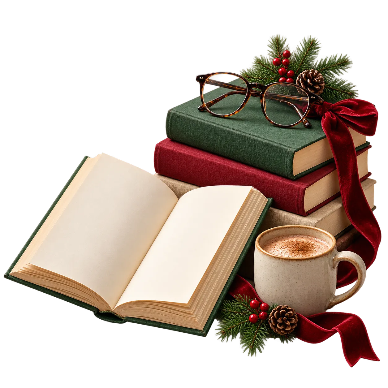 A stack of books with an open book, reading glasses, a warm mug and festive greenery.